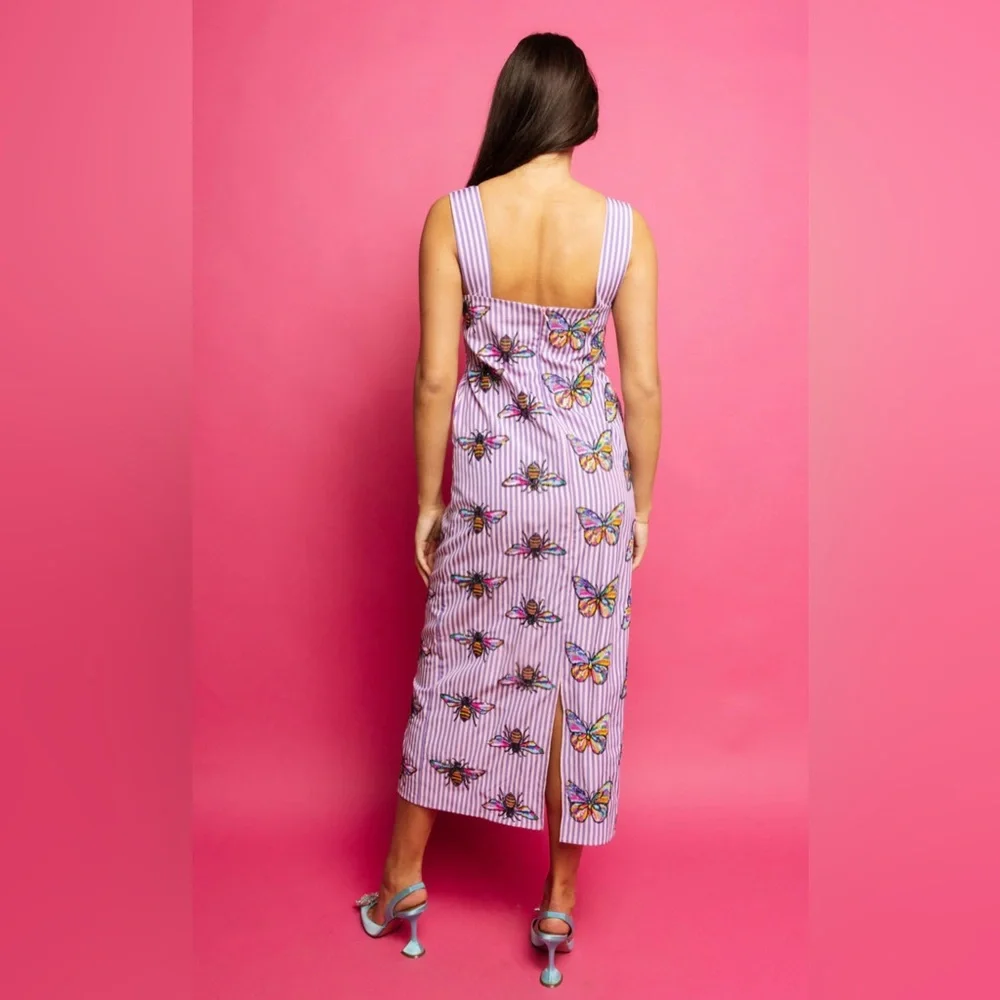 New! QUEEN OF SPARKLES Striped Sequin Butterfly & Bee Midi Dress